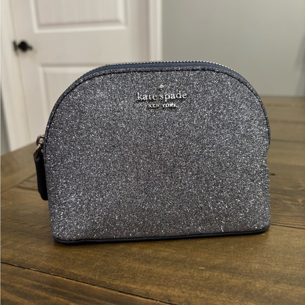 Kate Spade Small Joeley Glitter Doe Cosmetic Make-Up Travel Bag in Dusty Navy